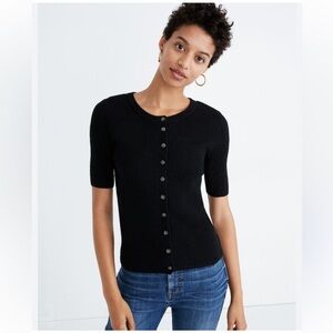 Madewell Hester Short-Sleeve Cardigan Sweater Ribbed Knit True Black size Small